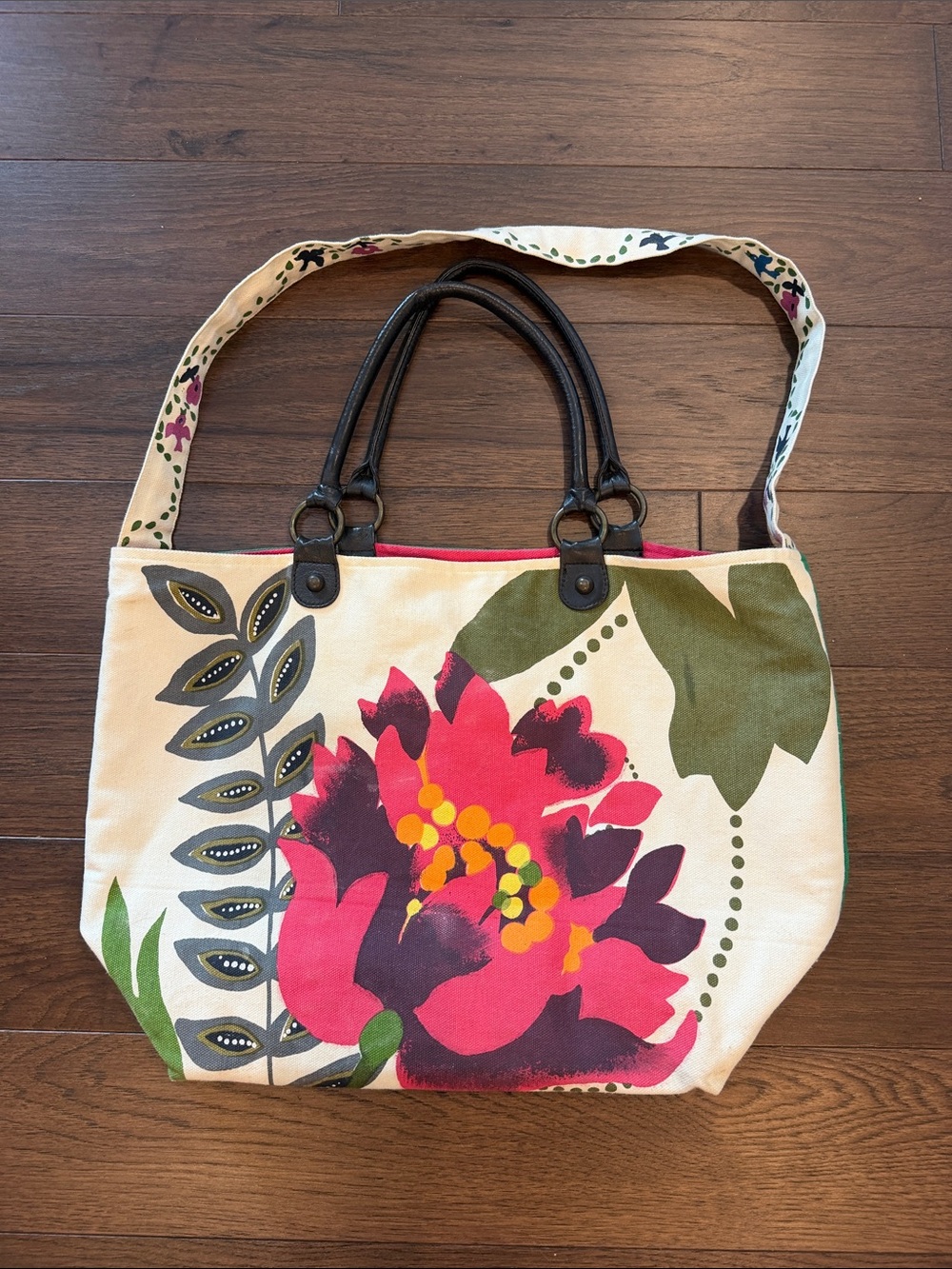 Neat Canvas Floral Tote Bag with Pink & Green Print With Leather Straps